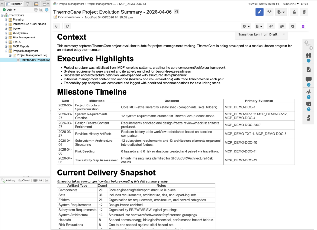 Example of project summary report generated via MCP