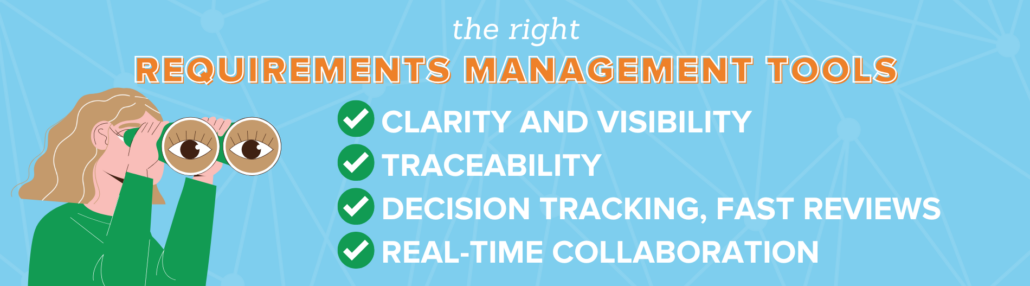 person using binoculars to search for the right requirements management tools